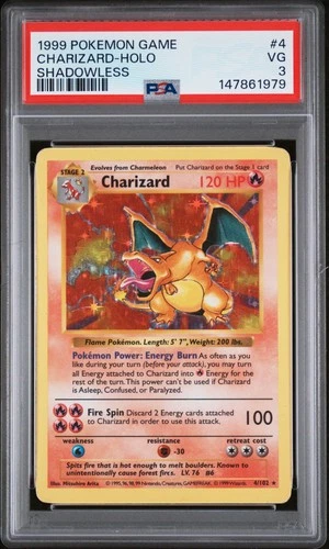 1999 POKEMON BASE SET SHADOWLESS #4 CHARIZARD-HOLO PSA 3