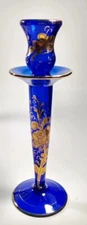 Cobalt Blue Vase Bohemian Czech Hand Blown & Painted  gold floral design READ 