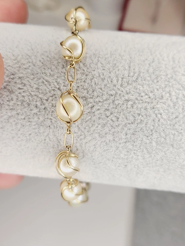 Vintage Estate 18K Yellow Gold Caged Pearl Bracelet (9.5") Heavy - Image 3 of 4