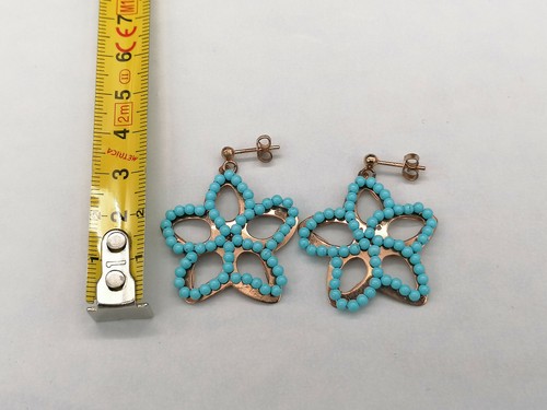 Women's Earrings Silver 925 Gold Plated And Paste Turquoise To Pellets - Picture 8 of 9