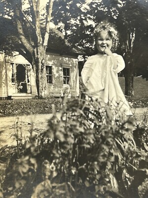 Vintage Photo Cute Little Girl Farmhouse Blonde Curly Hair Dirt Road Grass