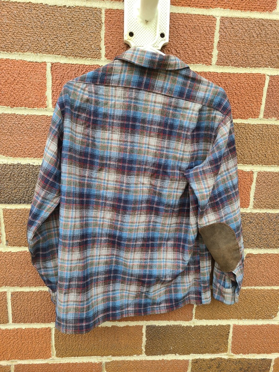 Vintage Pendleton Blue Plaid Button Up Wool Leather Size M