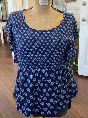 Lucky Brand Block Print Navy Baby Doll Top Short Sleeve Scoop Neck Med NWOT