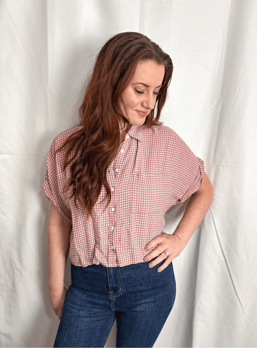 Pink checkered button down top - image 3