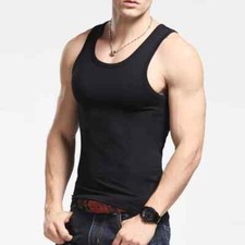 Men Tank Top 100 Cotton Ribbed Black A-Shirt Wife Beater Undershirts Size:S-4XL