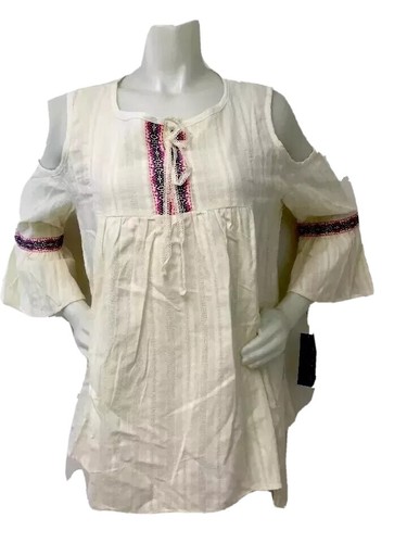 Cold Shoulder Romantic Boho Blouse Shirt 3/4 Sleeve Embroider Women L Large