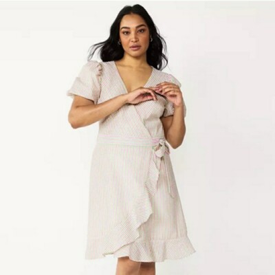 New DRAPER JAMES RSVP Puff Sleeve Wrap Dress Ruffled Seersucker Striped Small S.