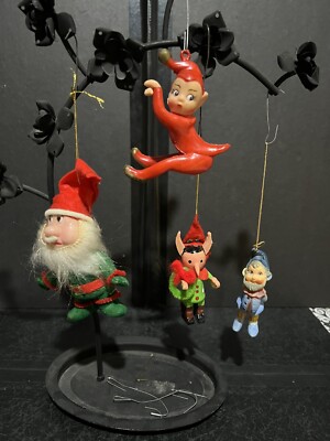 LOT of 4 Vintage Elf Ornaments Pixie Climber Plastic Wood Variety Red Green