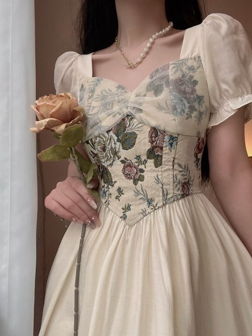 Vintage Dress Women Print Elegant Party Midi Dress Puff Sleeve Retro Princess Vintage Dress Women Print Elegant Party Midi Dress Puff Sleeve Retro Princess