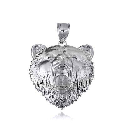 .925 Sterling Silver Roaring Grizzly Bear Head Animal Pendant Necklace