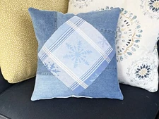 Snowflake and Denim Winter handmade upcycled 16x16 throw pillow cover