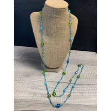 Long Blue Green Beaded Strand Necklace 50 Inch Multi Way Layering Glass Bead