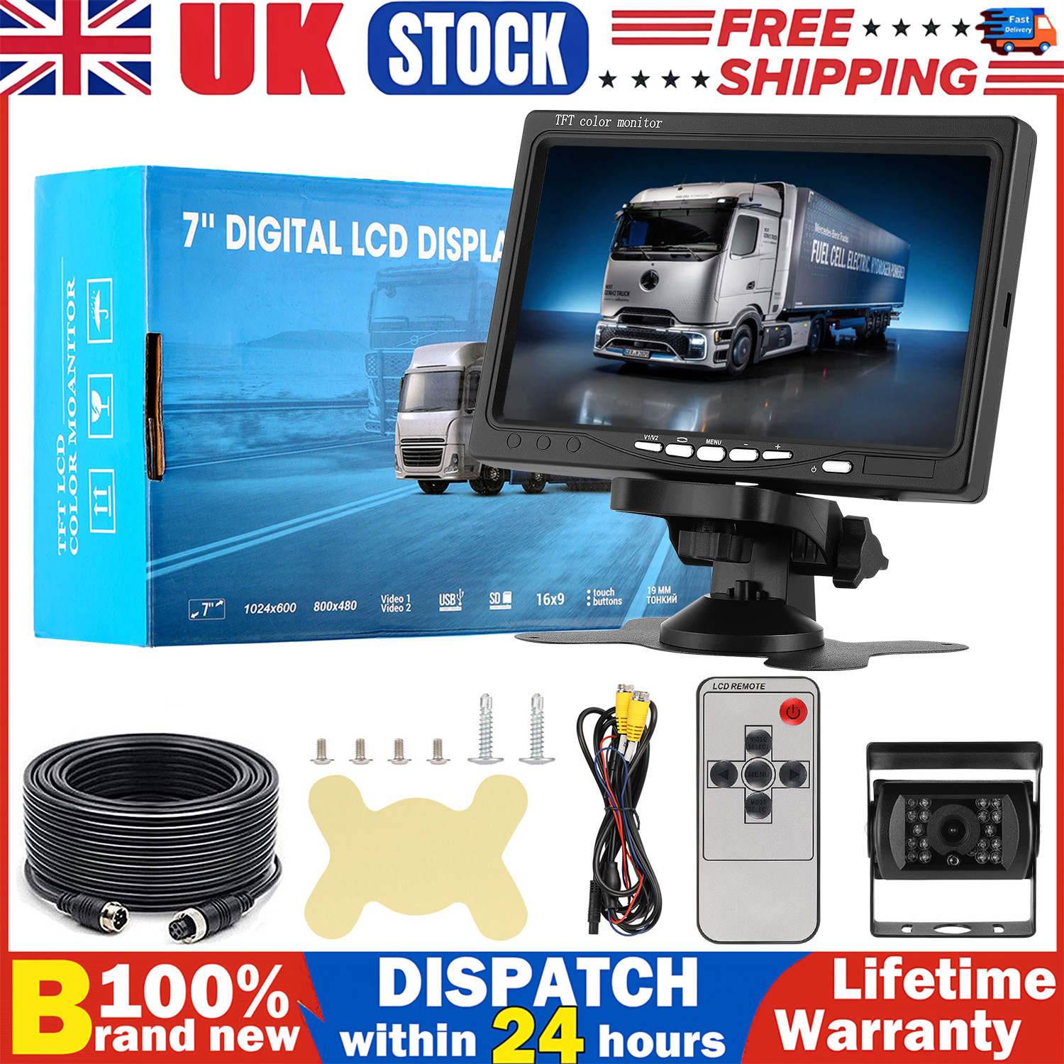 7"" LCD Monitor Wired Car Reversing Camera Rear View Kit 12V/24V Truck Bus Van UK