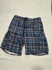 Y2K OP Men's Navy Blue Plaid Cargo Board Shorts Swim Trunks Size M