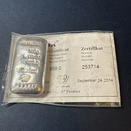 Metalor Silver Bullion Bar 100g 999.0 Purity With Certification.