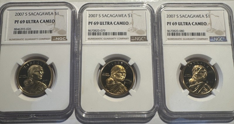 2007 S $1 Sacagawea Dollar NGC PF69 Ultra Cameo - LOT OF THREE
