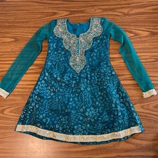Girls Indian Anarkali Tunic Dress Teal Zari Gold Silver Embroidery Party Sz 4-5