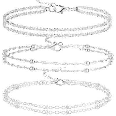 VZZNN 3 Pcs Sterling Silver Layered Anklets Set for Common size, 
