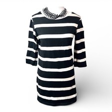 Uniqlo Black Cream Striped Tunic M 3/4 Slv. Cotton Parisian Minimalist Preppy
