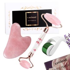 100 Authentic Rose Quartz Jade Roller and Gua Sha Set for face. Premium Quality