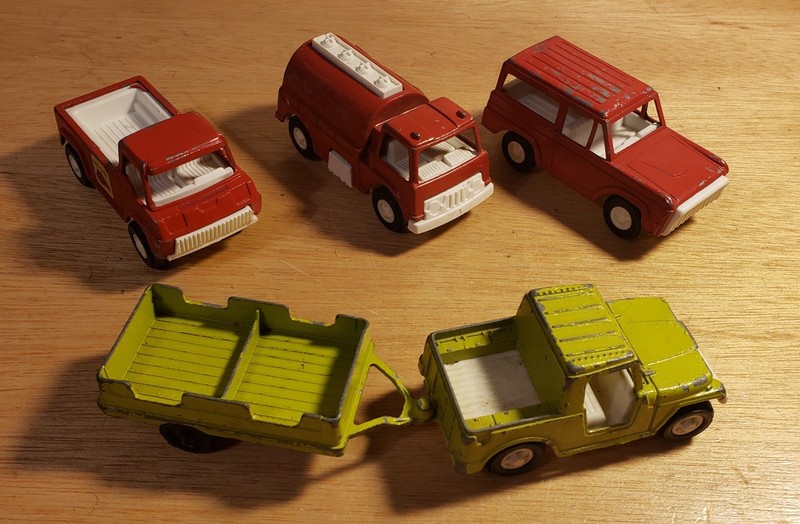 Vintage Tootie Toy FIRE TRUCKS AND LIME GREEN JEEP WITH TRAILER