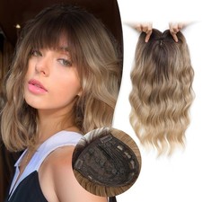 Ombre Blonde with Bangs Short Wavy 14in Women Premium Hair Topper