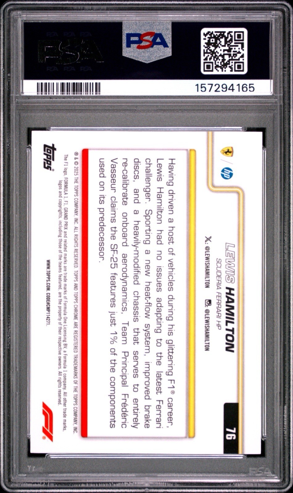 2025 Topps Chrome F1 Lewis Hamilton Pink RayWave /250 #76 PSA 10 Ferrari view 2