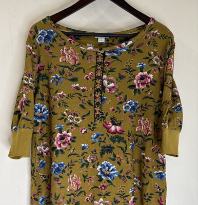 Sundance Sz Med Henley Waffle Knit Floral Top Tee 3/4 Sleeve Nordic Placket