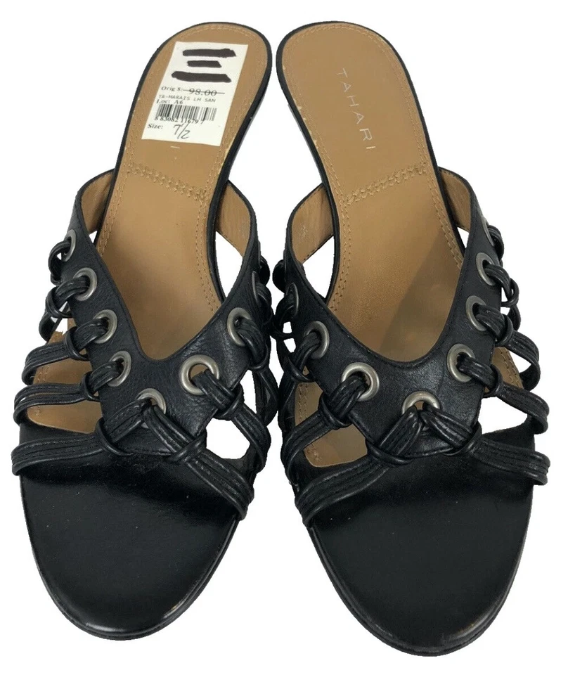 Sandalia elegante sin cordones de tacón bajo de gatito con punta abierta negra para mujer Tahari talla 7,5 NUEVA Foto 2 de 4