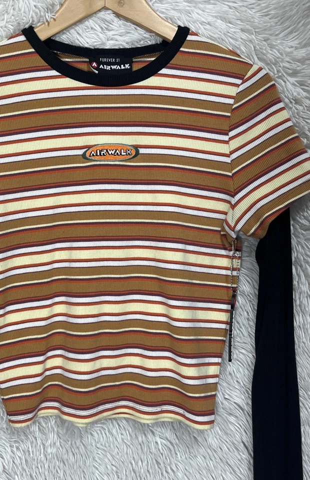 Top pulóver corto a rayas Forever 21 Airwalk para mujer manga larga grande multicolor Foto 4 de 4