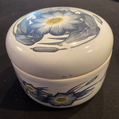 Vintage Aquarius Bath Powder Lidded Ceramic Container Max Factor Floral 