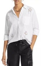 Rails Charli Button Up Linen Blend Eyelet Stars Shirt Women's Size Small White