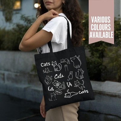 Katze Doodle Tragetasche - Baumwolle Shopper, wiederverwendbare Schultertasche, Katzenliebhaber Geschenk