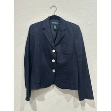 Lauren Ralph Lauren Petite Navy Blue 100 Linen 3 Button Blazer Jacket 10P