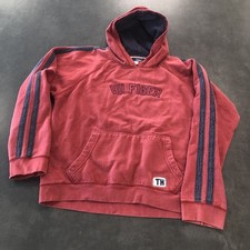 Vintage Tommy Jeans Hoodie Mens M Red Blue Hilfiger Spell Out Embroidered