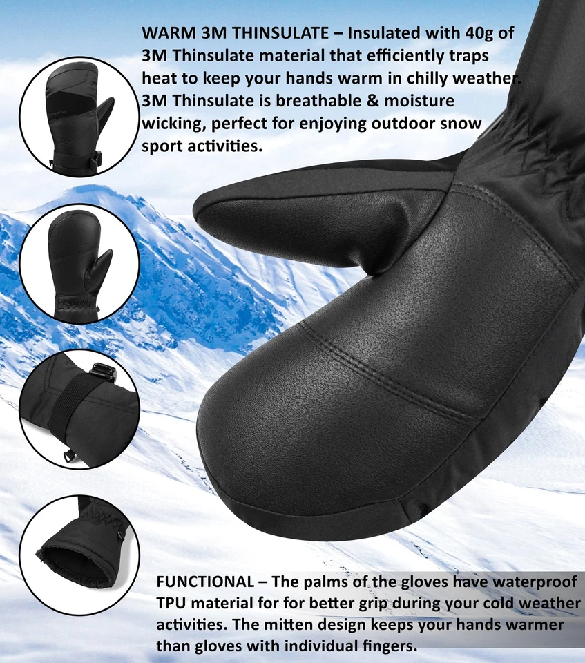 Alpine Swiss Mens Waterproof Ski Mittens 3M Thinsulate Winter Snow Sport Gloves - Image 2 of 4
