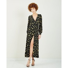 GANNI Black Yellow Floral Print Long Sleeve Wrap Maxi Dress Size 38