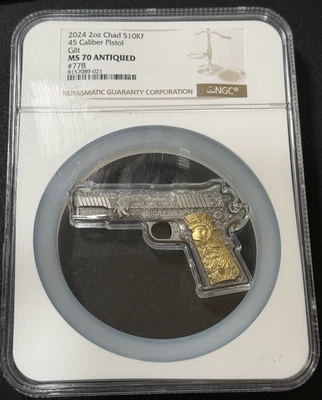 2024 2 Oz .999 Silver Chad Antiqued .45 Caliber Pistol Shaped Bar NGC MS 70 Ant! - Image 1 of 4