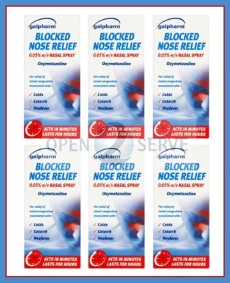 6x Galpharm Blocked Nose Relief Nasal Spray 0.05% w/v Colds Hayfever - 15ml