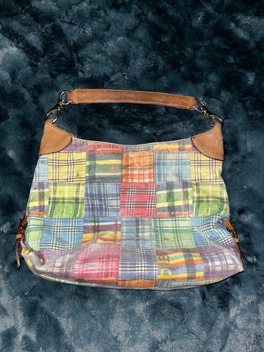 Dooney & Bourke VTG Madras Pink Green Blue Picnic Plaid Ants Hobo Shoulder Bag - Picture 2 of 12