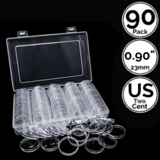 90 Pack 0.90 IN 23 mm Coin Capsule Holders w/ Storage Case 4 US Two Cent