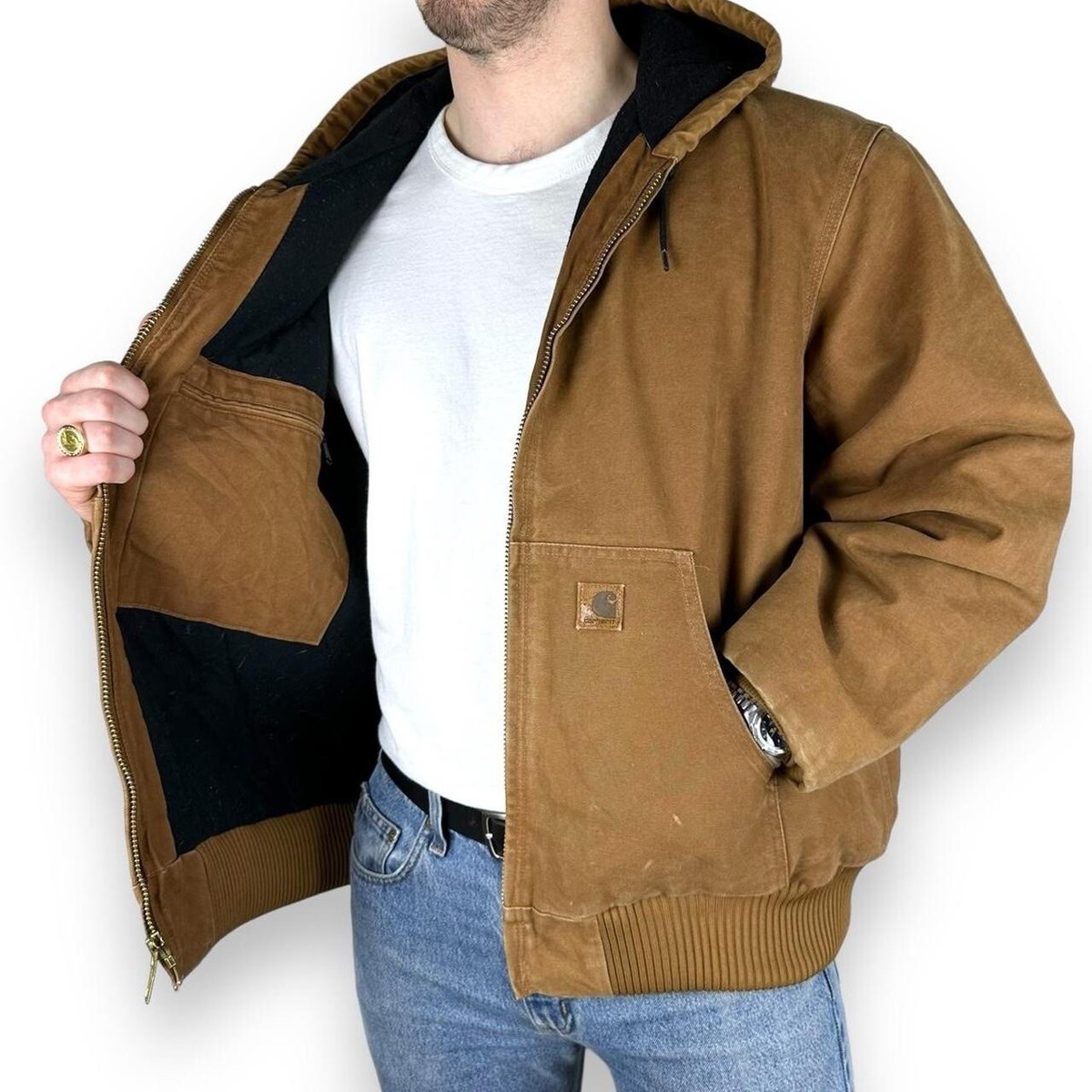 Vintage Carhartt J130 BRN Hooded Active Jacket, Dark Tan