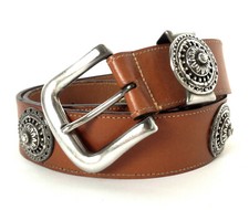 Vintage Brown Leather Silver Plated Medallions Concho Western Style Belt 29"-33"