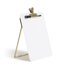 White Glass Dry Erase Board with Gold Stand and Clip 9x11.7 for Notes and Pla...