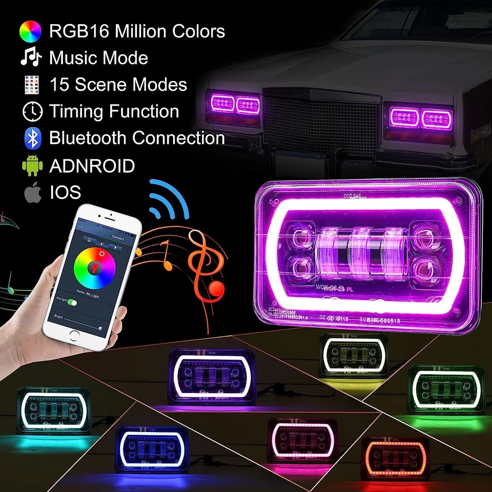 RGB Halo 4x6" LED Headlights DRL Hi/Lo Beam For Chevrolet Monte Carlo 1980-1988 - Image 3 of 4