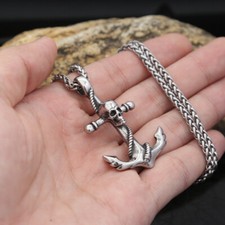 Vintage Mens Skull Necklace Stainless Steel Pendant Viking Anchor Pendant 24''