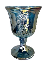 Vintage Blue Iridescent Carnival Glass Goblet Cup Harvest Grape Indiana 1970s