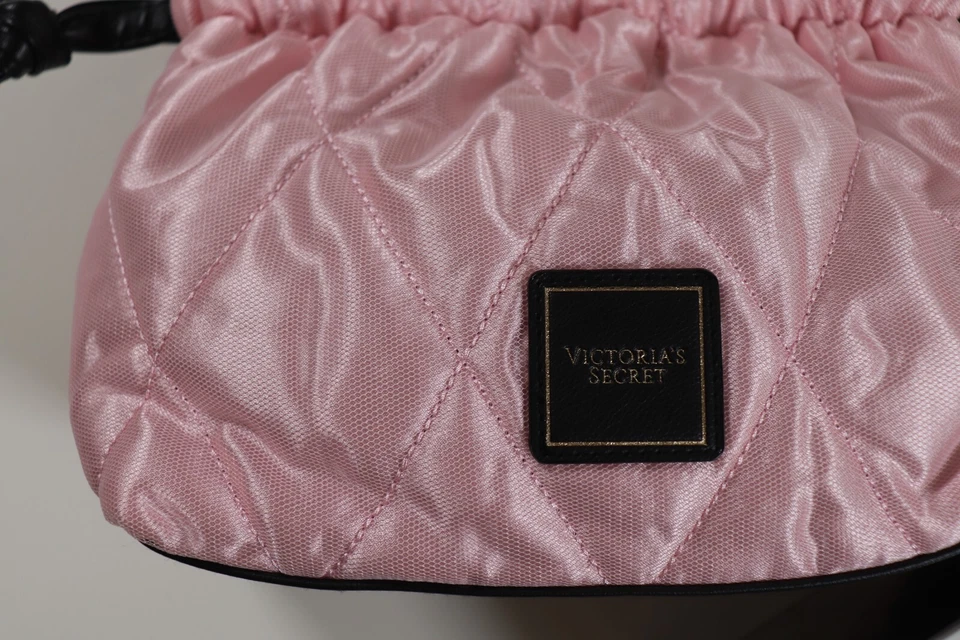 VICTORIA'S SECRET QUILTED DRAWSTRING POUCH BAG PINK BLACK 9X8" - Image 3 of 4