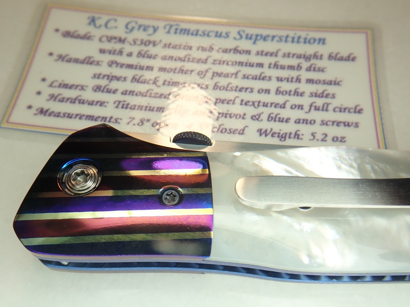 KC Gray Knives Black Mosaic Timascus Superstition MOP Blue Zirconium