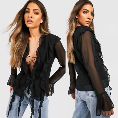Boohoo Chiffon Ruffle Lace Up Top Sz 2 Witchy Whimsigoth Sexy Cleavage Blouse